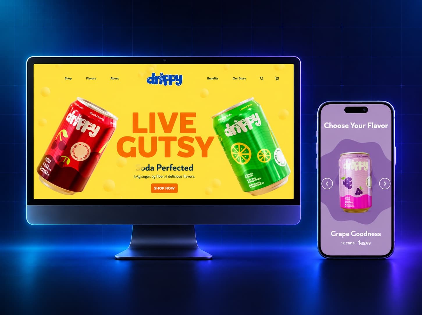 Drippy website shown on a desktop monitor and a phone