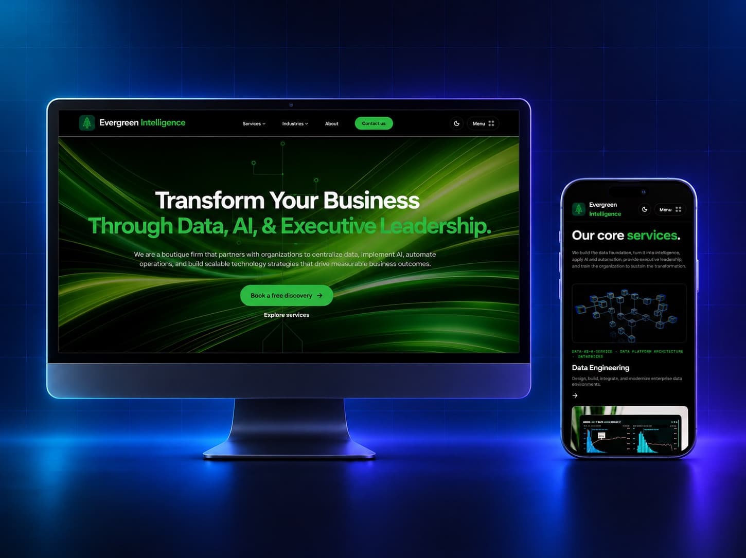 Evergreen Intelligence website shown on a desktop monitor and a phone
