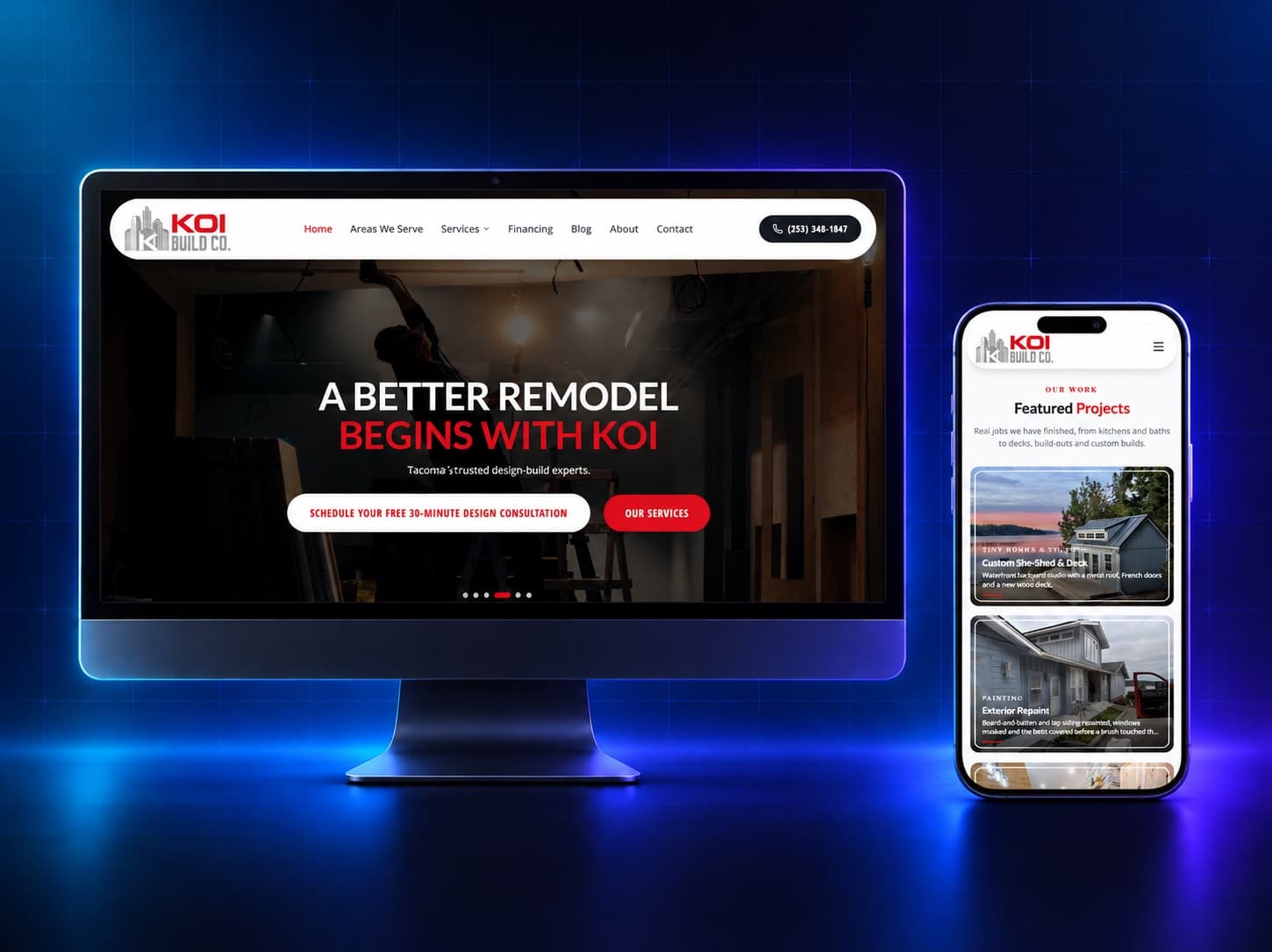 KOI Build Co. website shown on a desktop monitor and a phone