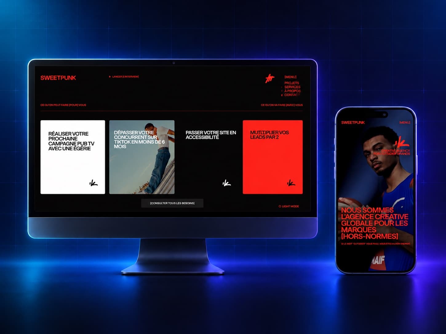 Sweetpunk website shown on a desktop monitor and a phone